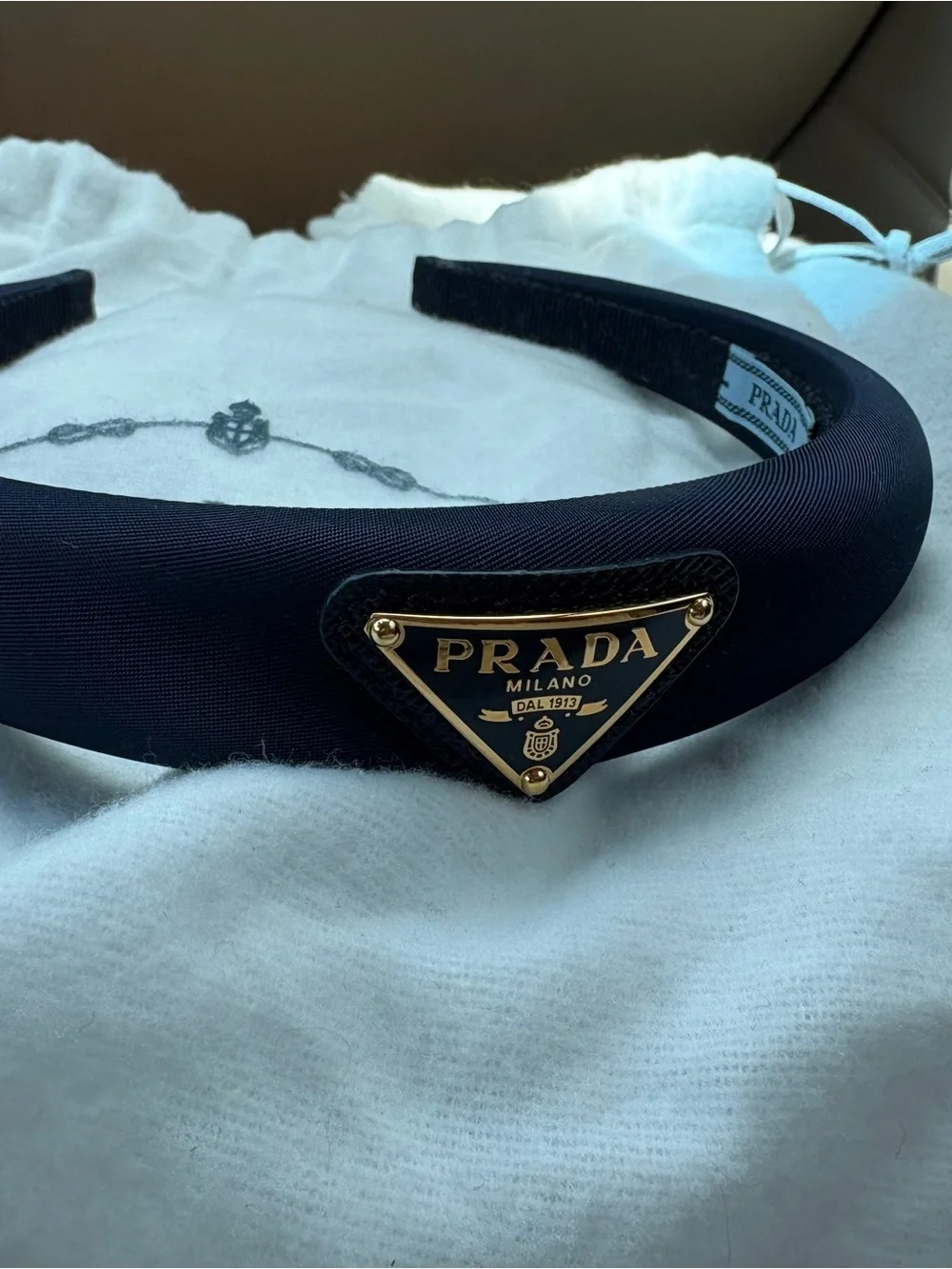 Prada Navy Headband with Subtle Logo Tag